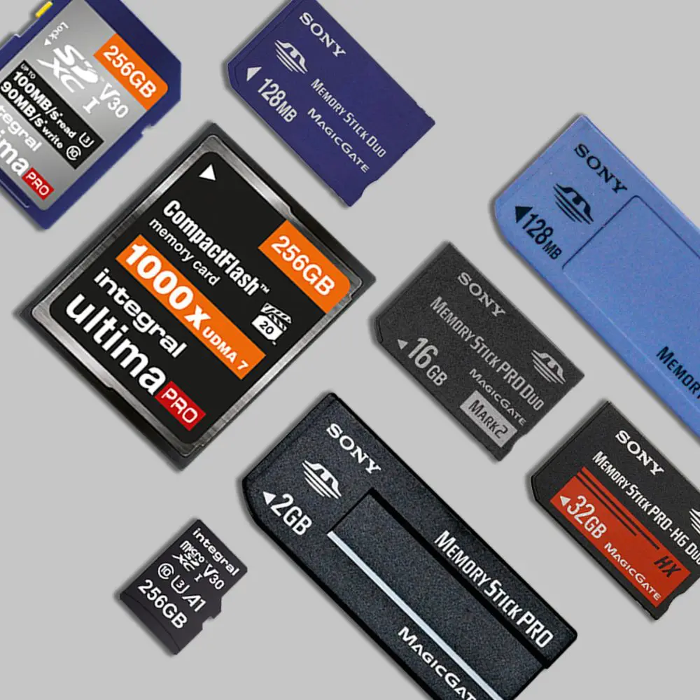 SD, MicroSD, CompactFlash, MemoryStick, MemoryStick Pro, MemoryStick Duo, MemoryStick PRO Duo and MemoryStick Micro Cards